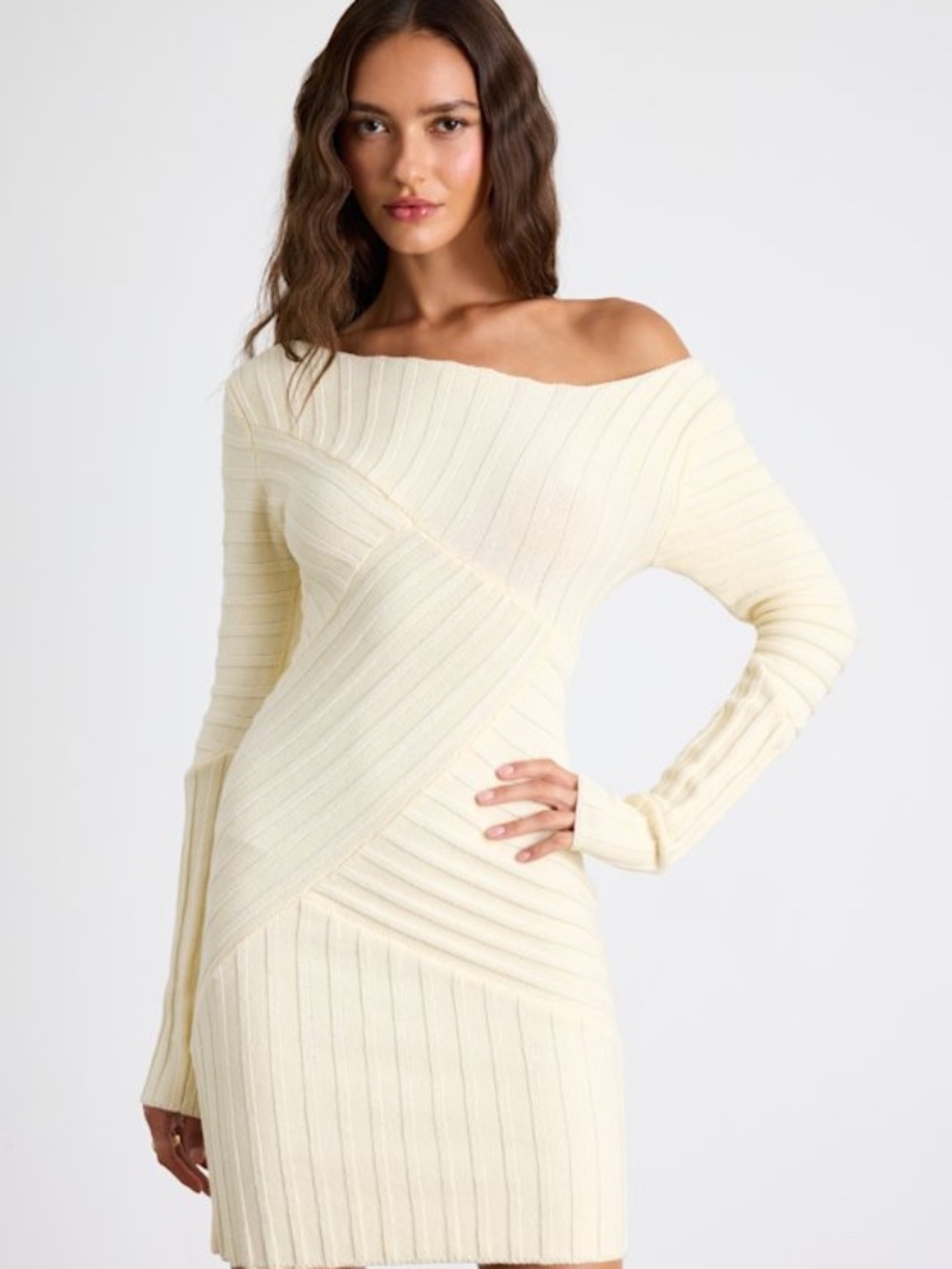 Lulus Penelope Cream Ribbed Off-the-shoulder Sweater Mini Dress White - Size M